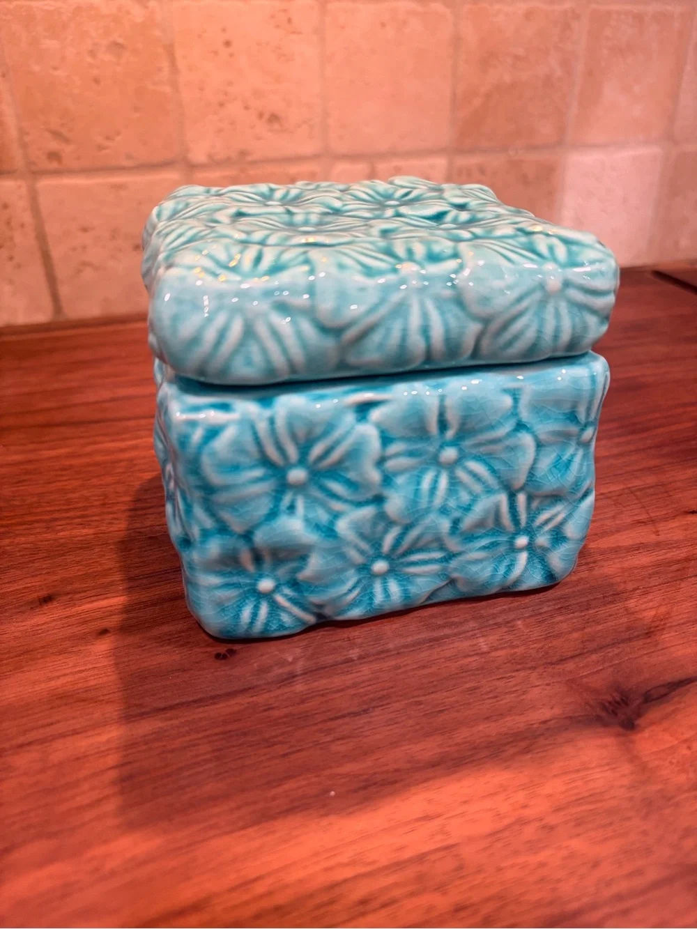Turquoise Floral Ceramic Trinket Box